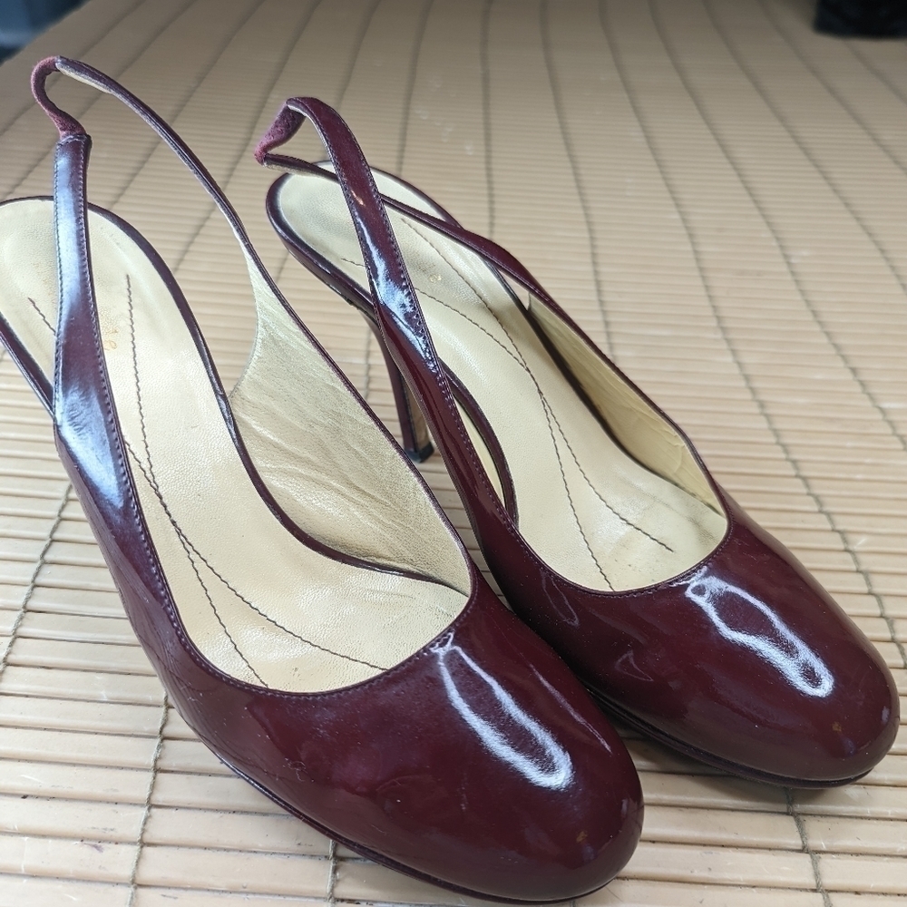Authentic Kate Spade New York Burgandy Merlot Patent Leather Sling Back Shoes wo